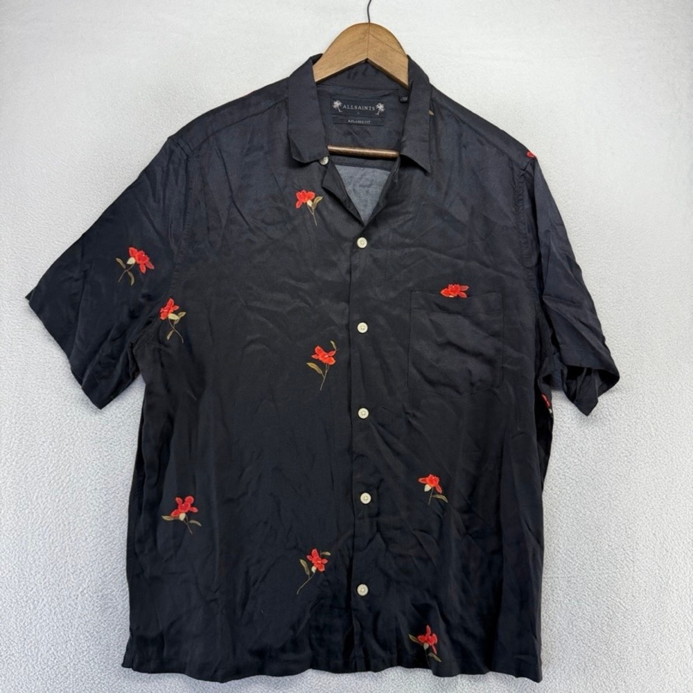 AllSaints Shirt Mens Large Black Floral Relaxed Button Hawaiian Camp Vacation - Picture 2 of 8
